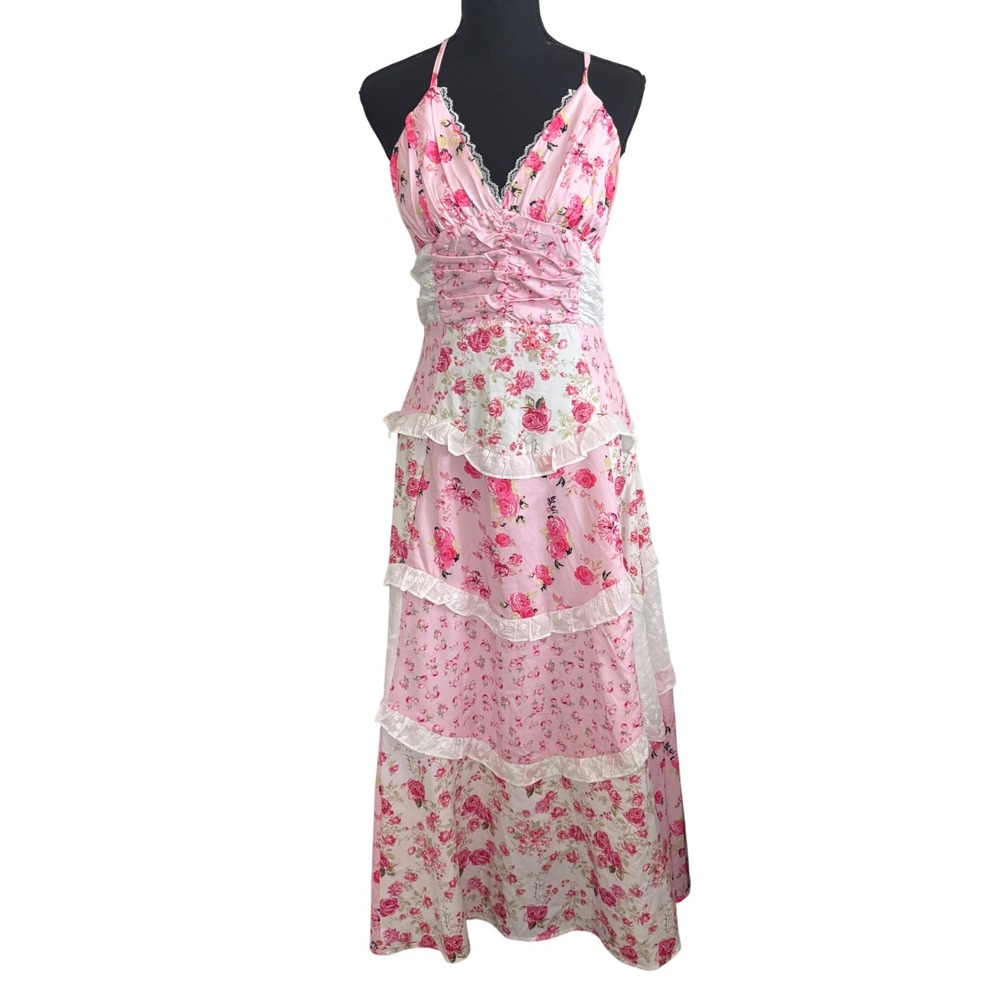Womens Pink Floral Patchwork Maxi Tiered Babydoll Dress S Fairycore Cottaecore